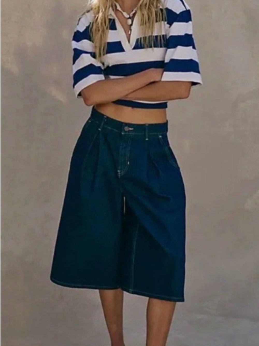 We The Free Dark Blue Wide-Leg Denim Bermuda Jorts